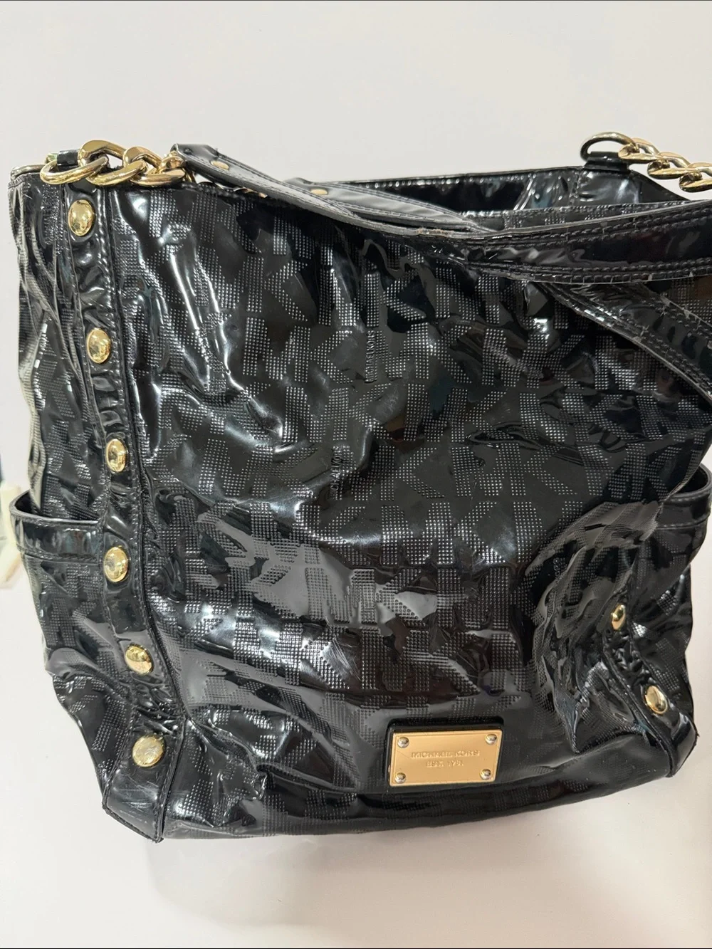 Michael Kors Black Patent Logo Shoulder Tote with Gold Accents